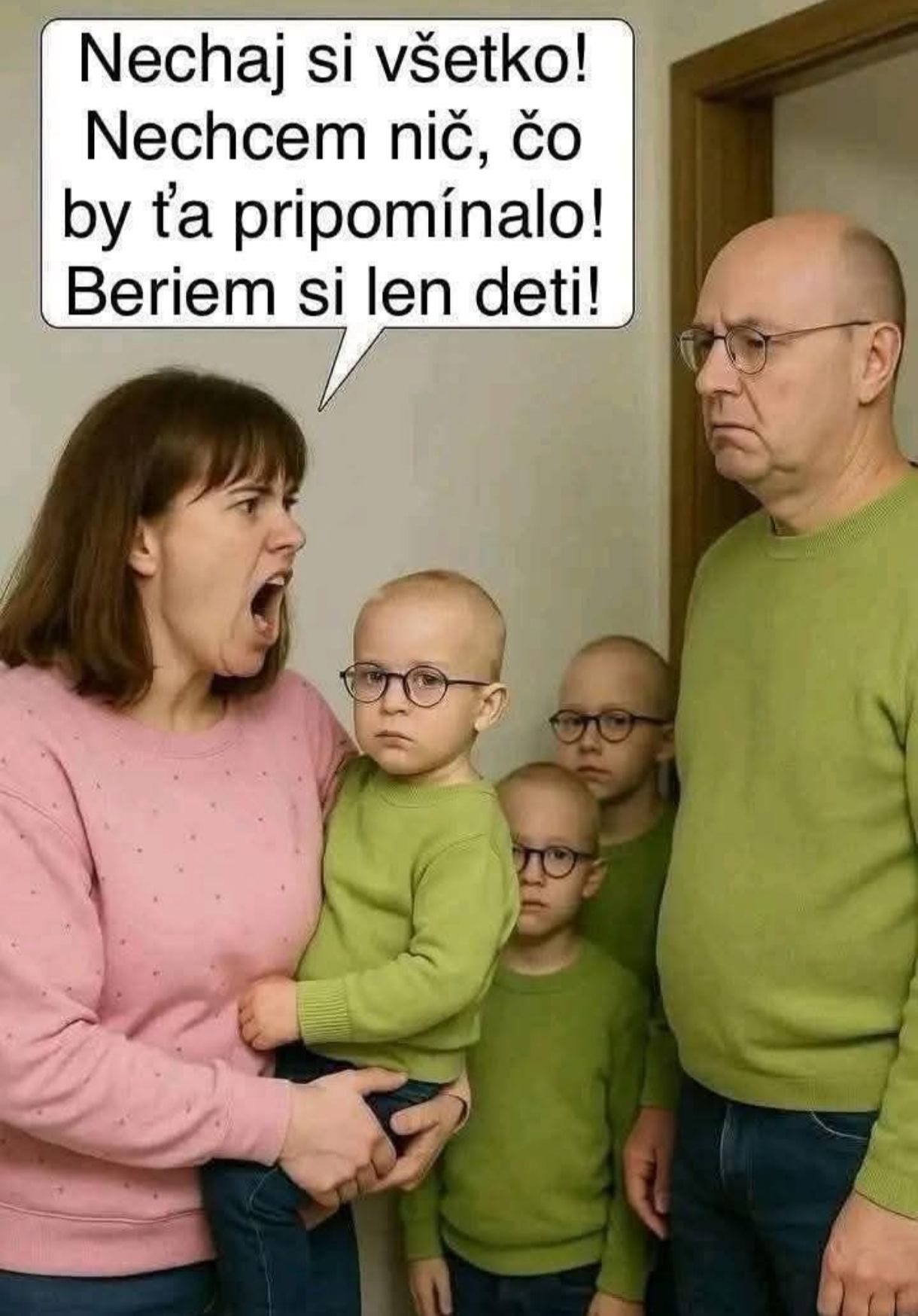 Žena v ružovom svetri kričí na muža a drží dieťa podobné mužovi, ktorý stojí s ďalšími deťmi v rovnakom oblečení.