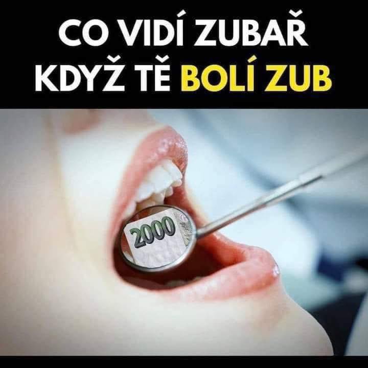 Zubárske zrkadlo v ústach odráža na účet 2000, satirické zobrazenie nákladov na zubára.