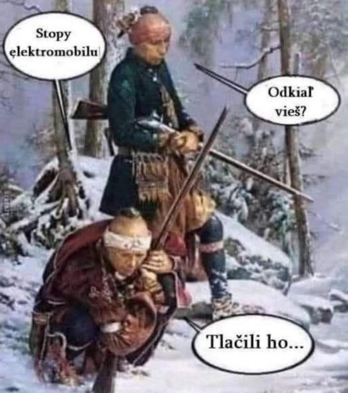 Lovci na snehu diskutujú o stopách elektromobilu, s textom: Stopa elektromobilu. Odkiaľ vieš? Tlačili ho.