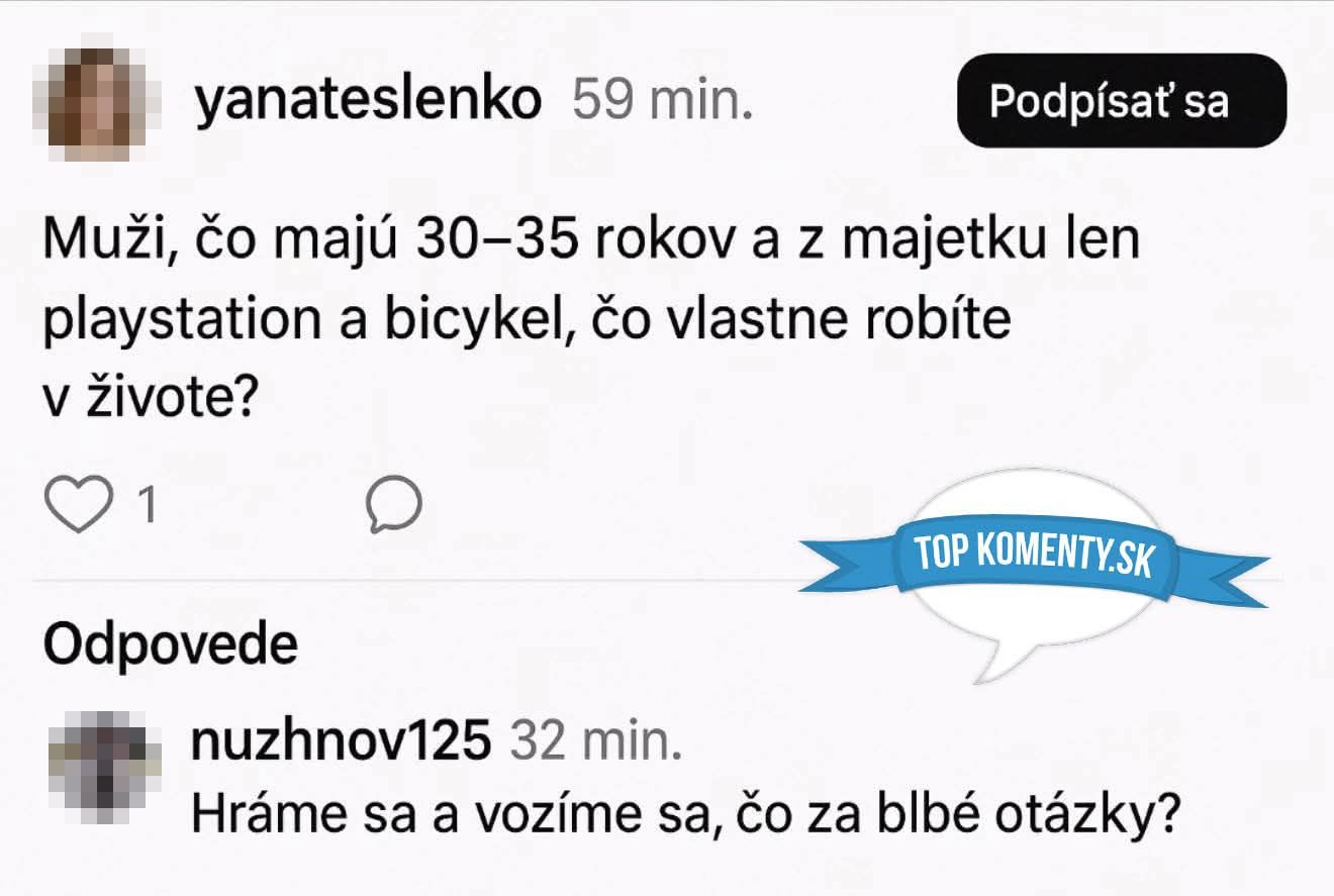 Diskusia na sociálnych sieťach o živote mužov s PlayStation a bicyklom vo veku 30-35 rokov.