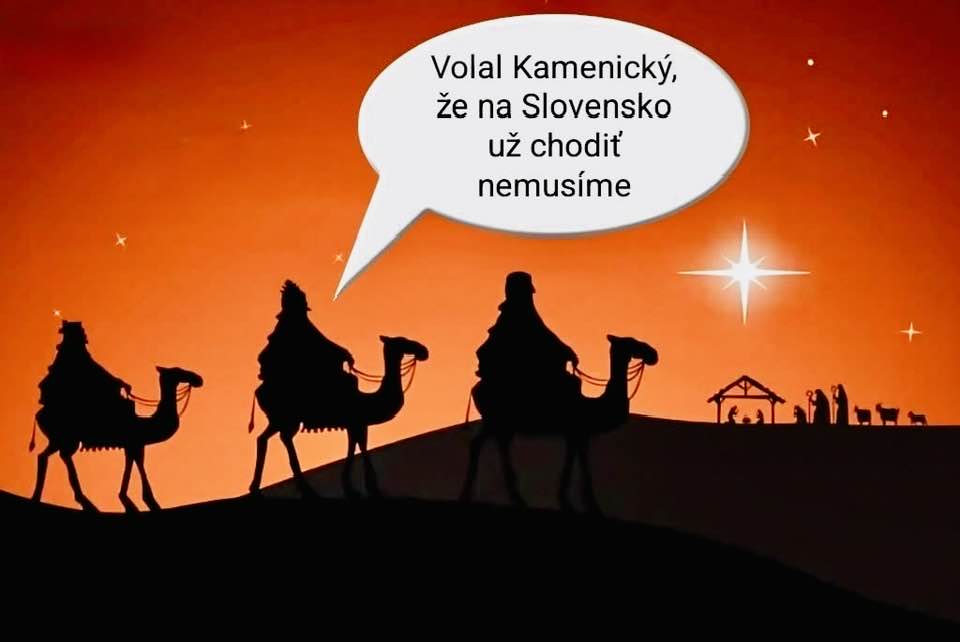 Traja mudrci na ťavách za svitania, s vtipnou bublinou: Volal Kamenický, že na Slovensko už chodiť nemusíme.