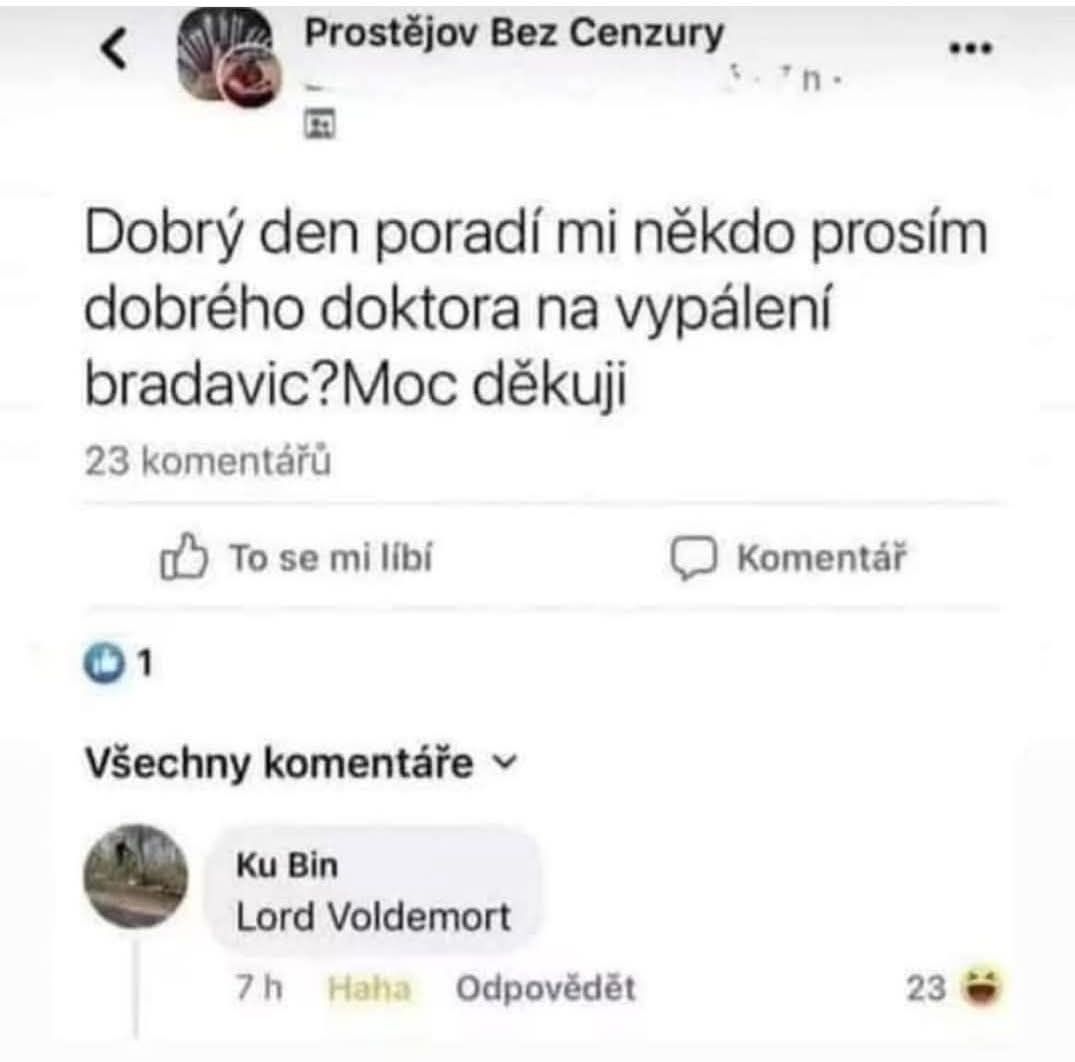 Vtipná odpoveď na Facebook príspevku o doktorovi na bradavice: Odporúčaný 'Lord Voldemort'.