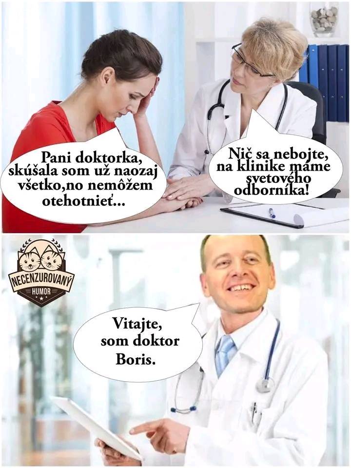 Žena pri lekárke s problémom otehotnieť, lekárka odporúča špecialistu. Vtipná karikatúra doktora Borisa.