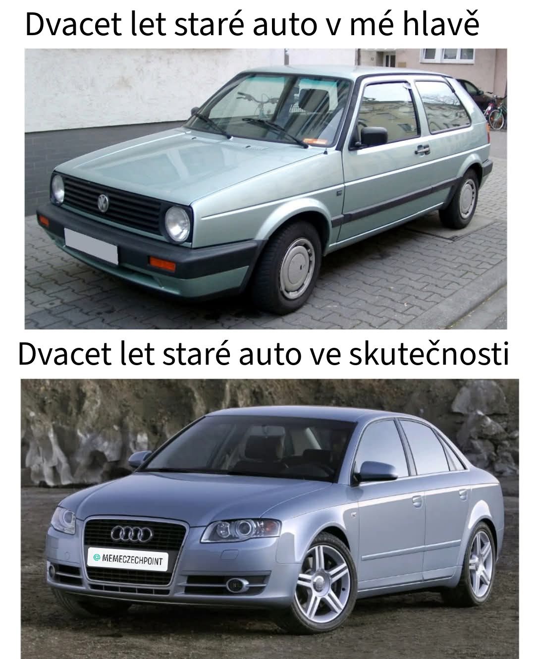 Staré auto: porovnanie nostalgie a reality. Horné je spomienka, dolné skutočnosť.