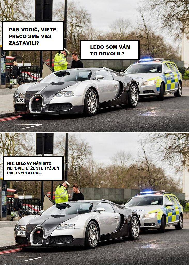 Policajná kontrola športového auta v meste s humorným dialógom medzi vodičom a policajtom.