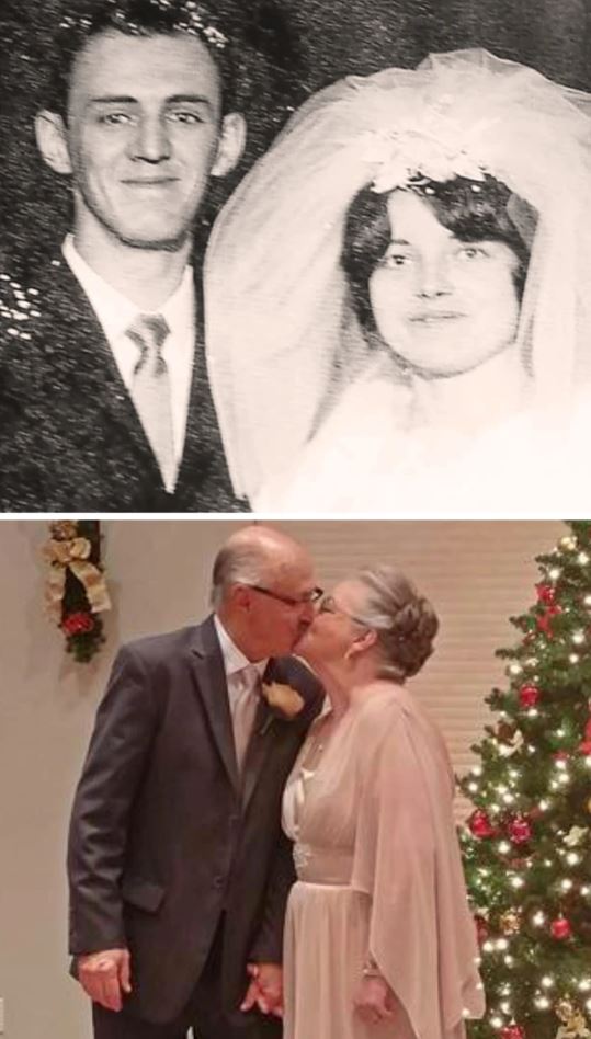 Pár na svadobnej fotografii a po rokoch pred vianočným stromčekom. Láska, ktorá trvá desaťročia.