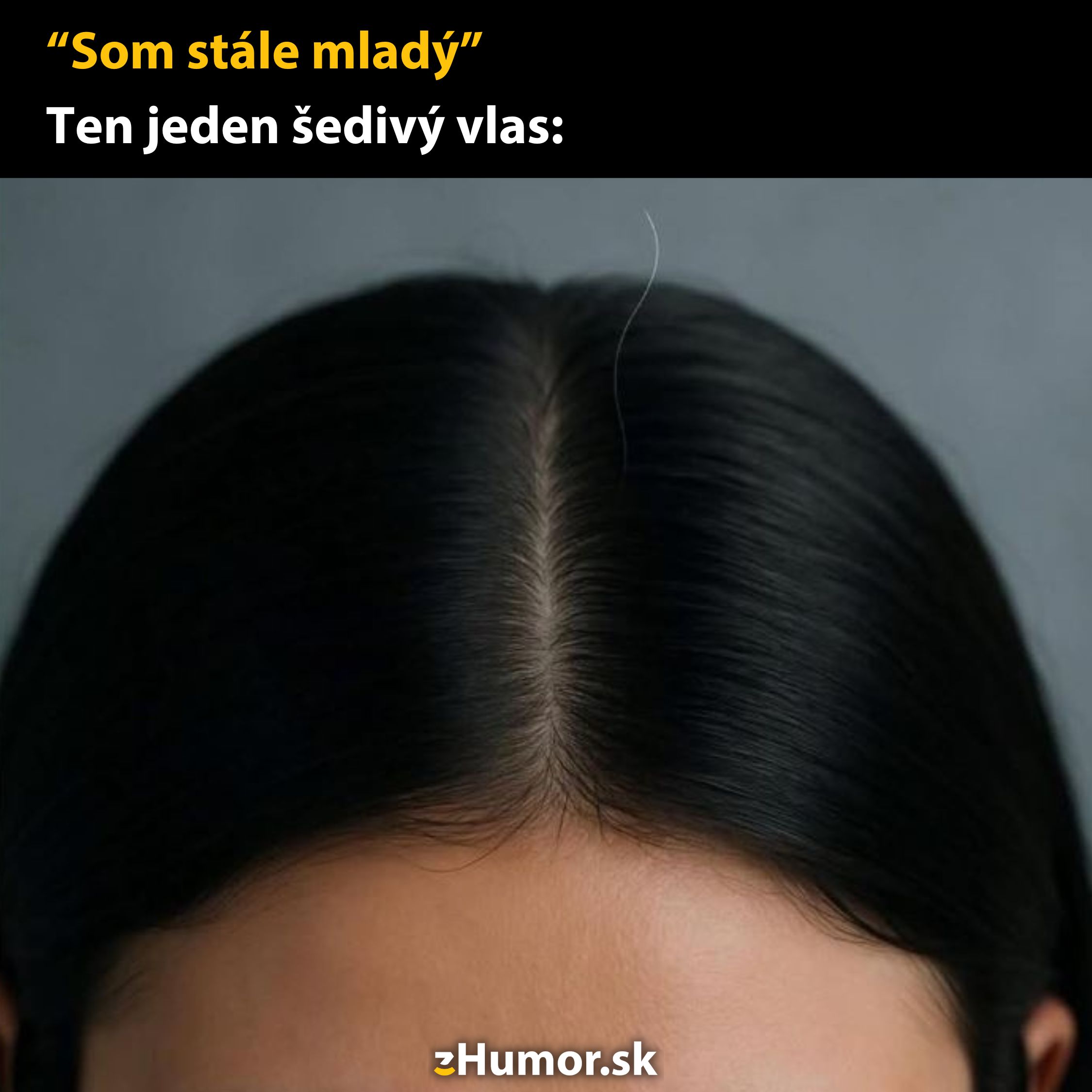 Žena s tmavými vlasmi a jediným šedivým vlasom na ceste k starnutiu.