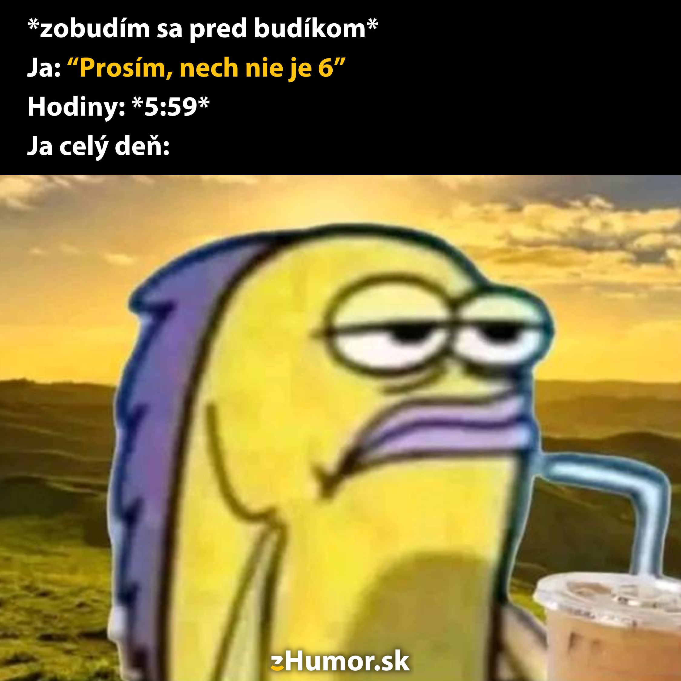 Rybka unavená po zobudení pred budíkom, hodiny ukazujú 5:59.