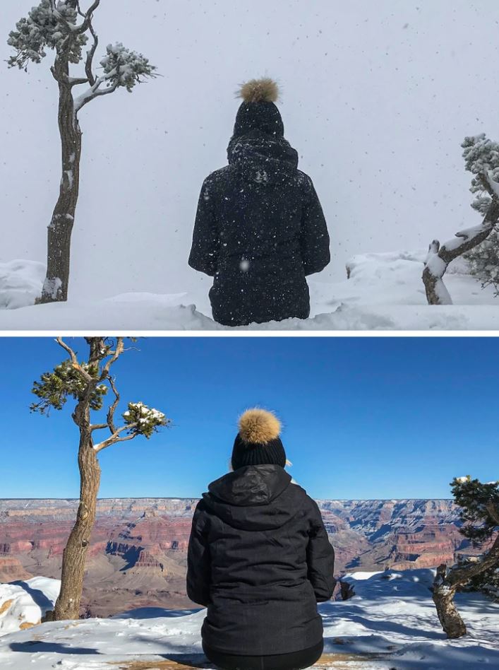 Osoba sediaca pri Grand Canyone, v zime a na jar, oblečená v čiernom, s výhľadom na zasneženú a slnečnú scenériu.