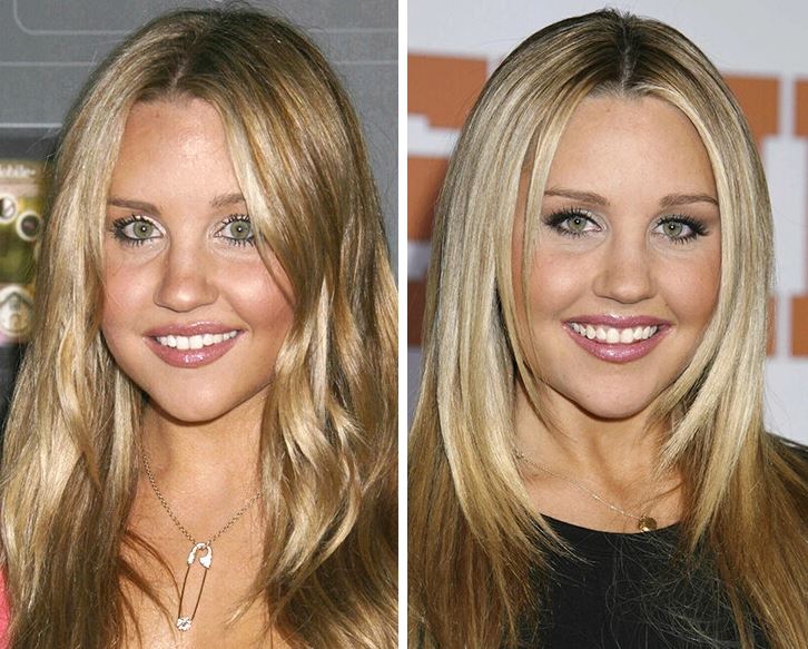 Dve fotografie ženy s dlhými blond vlasmi a úsmevom, v rôznych štýloch účesu a líčenia.