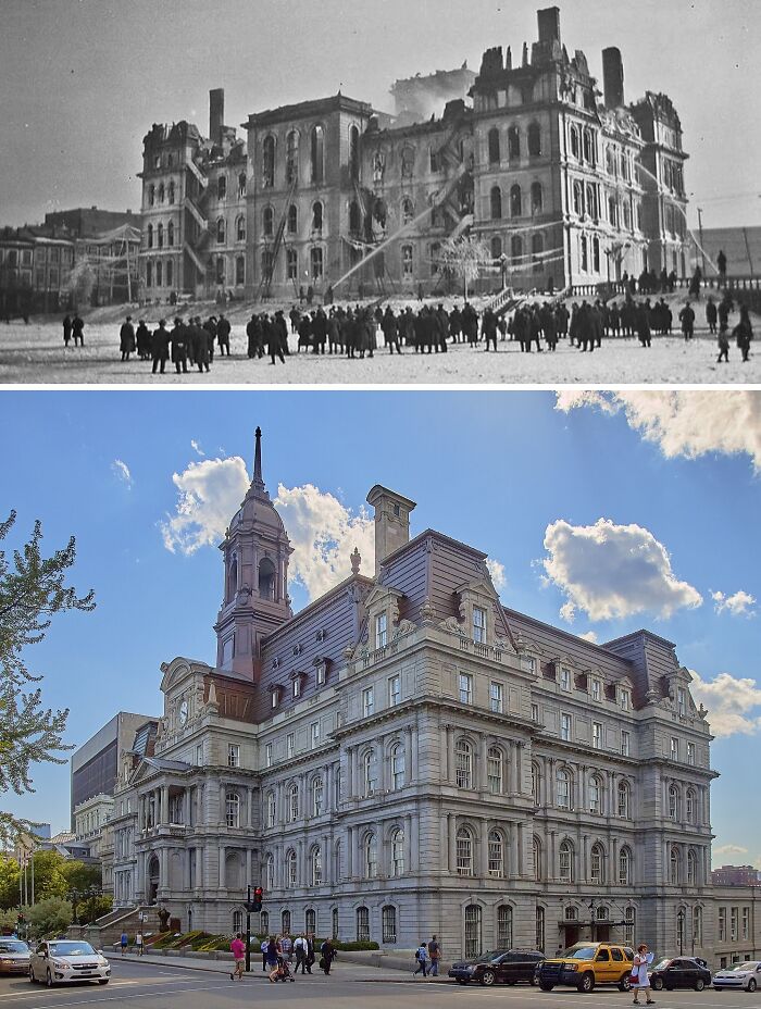 Historická budova pred a po rekonštrukcii: stará čiernobiela fotografia a moderná fasáda za slnečného dňa.