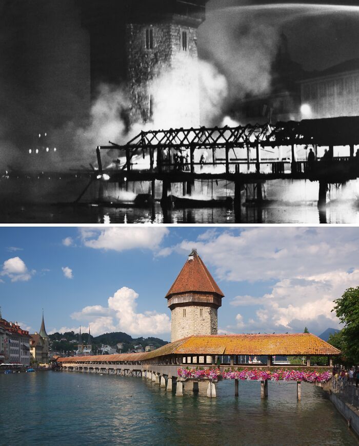 Historický most cez rieku vo dne a v noci - obnovujúci sa po požiari, moderná podoba s kvetmi.