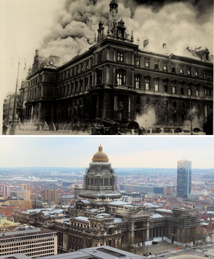 Stará a moderná fotografia monumentálnej budovy s kupolou v mestskej panoráme, historická a súčasná architektúra.