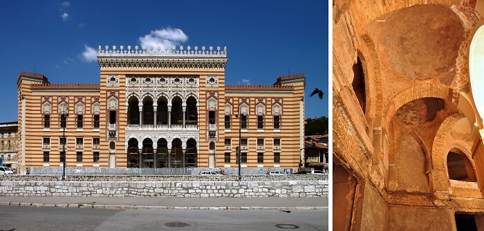 Historická budova s detailnými oblúkmi a zdobenou fasádou na slnečnom pozadí, vedľa pohľad na vnútorné klenby.