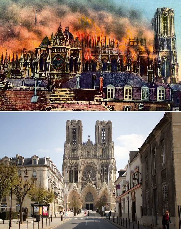 Katedrála pred a po požiari, zničená strecha a dokonale obnovená fasáda, historická a zrekonštruovaná architektúra.