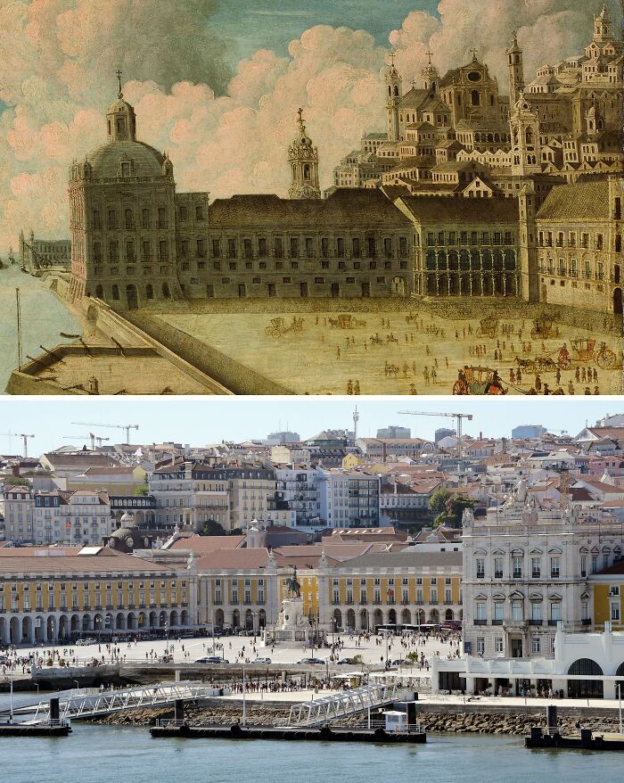 Historická a moderná časť Lisabonu, námestie Praça do Comércio, s prehľadom architektúry od minulosti po súčasnosť.