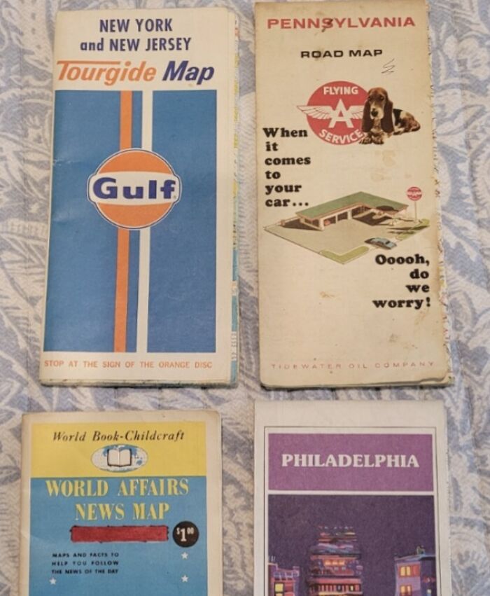 Staré cestovné mapy USA: New York, New Jersey, Pennsylvania, Philadelphia a svetový geografický sprievodca.