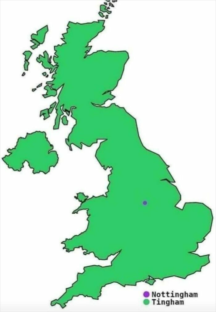Mapa Spojeného kráľovstva s vyznačenými mestami Nottingham a Tingham.