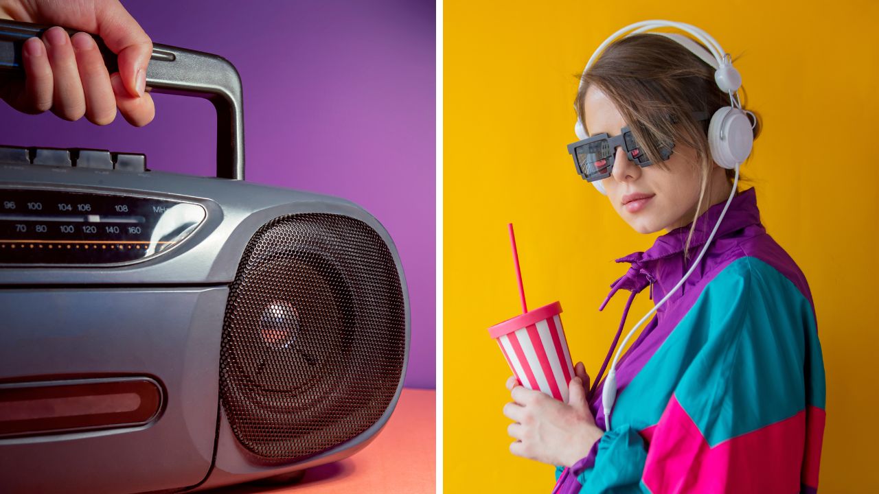 Staré rádio a žena v retro oblečení s okuliarmi a nápojovým pohárom, melódie minulosti na farebnom pozadí.