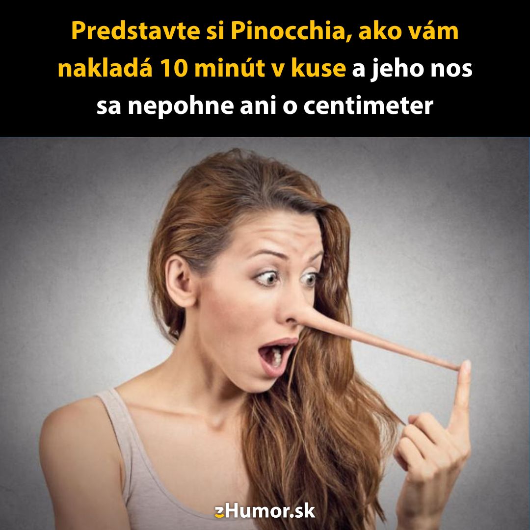 Žena prekvapene reaguje na extrémne dlhý nos pripomínajúci Pinocchia. Vtipný moment s prekvapeným výrazom.