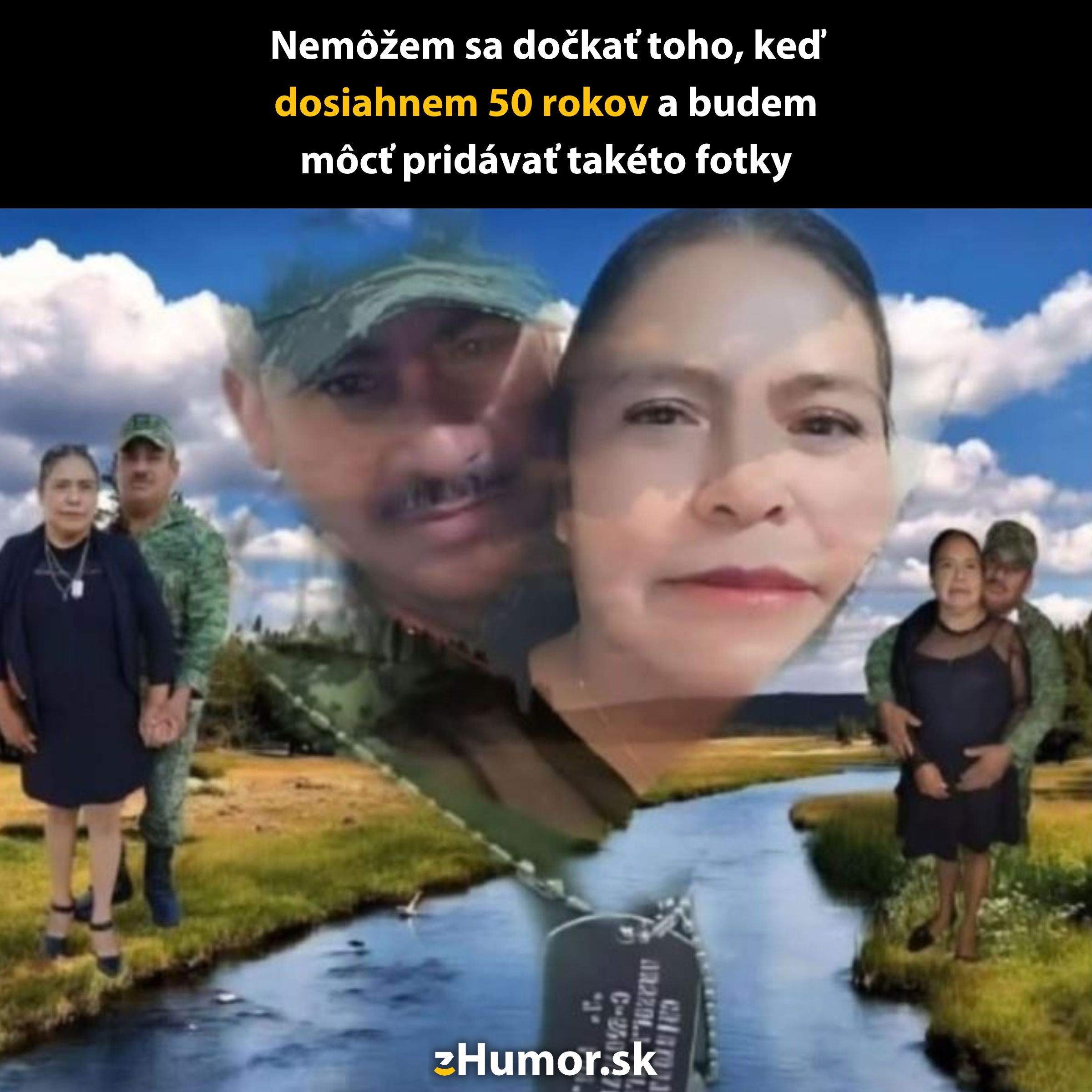 Pár vo vojenských uniformách na surrealistickej koláži s prírodnou scenériou a riekou na pozadí.