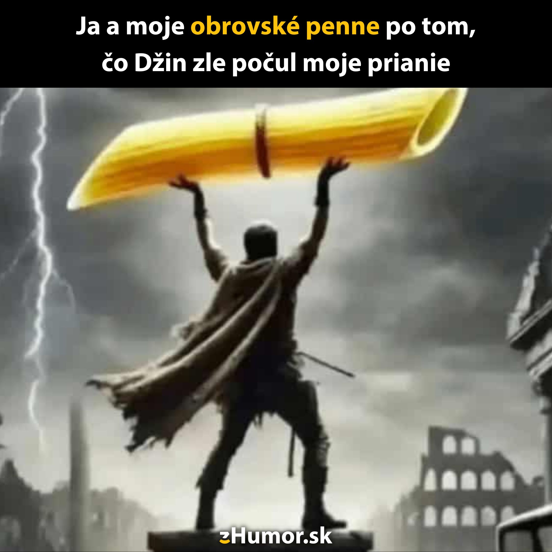 Muž drží obrovské cestoviny penne v dramatickej búrke s bleskom na obzore, inšpirované nesprávne pochopeným prianím.