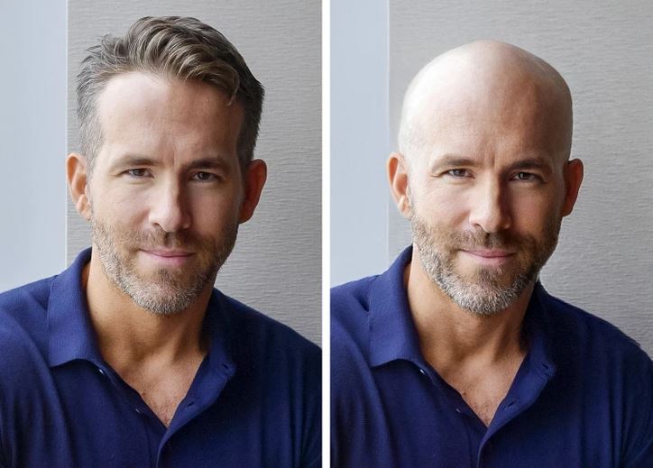 Osoba s vlasmi a bez vlasov v modrej košeli, zobrazenie pred a po úprave účesu.