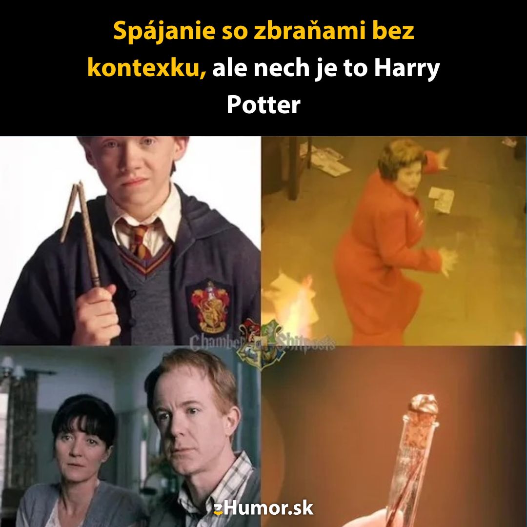 Postavy zo sveta Harryho Pottera držia neobvyklé predmety v humornom koláži.