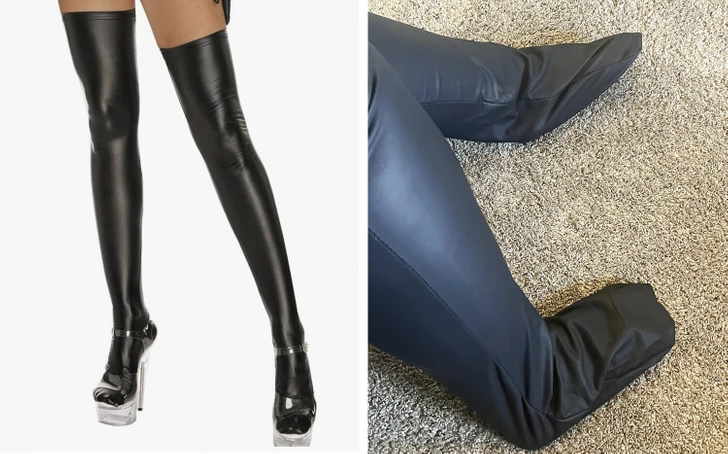 Porovnanie čiernych kúpených čižiem: obrázok katalógu vľavo a skutočný vzhľad na koberci vpravo.