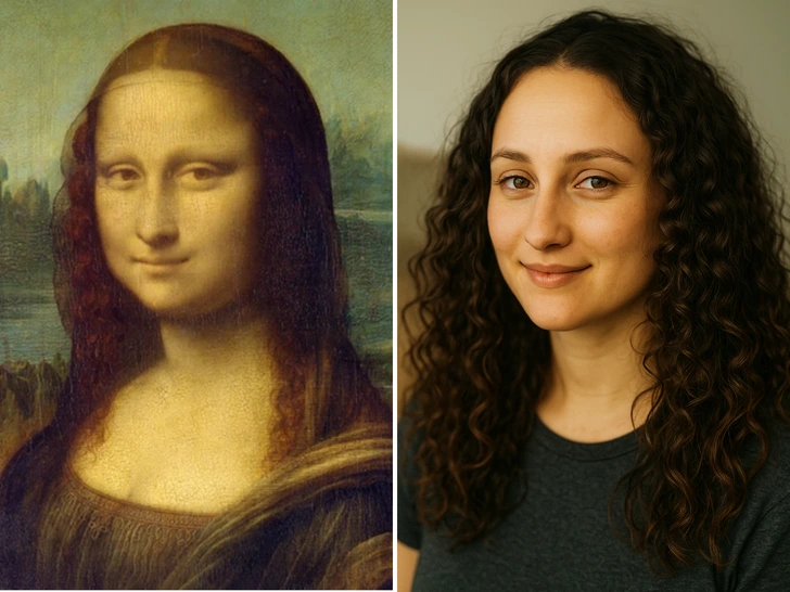 Dve ženy vedľa seba: slávny renesančný portrét a usmievajúca sa moderná žena s kučeravými vlasmi.