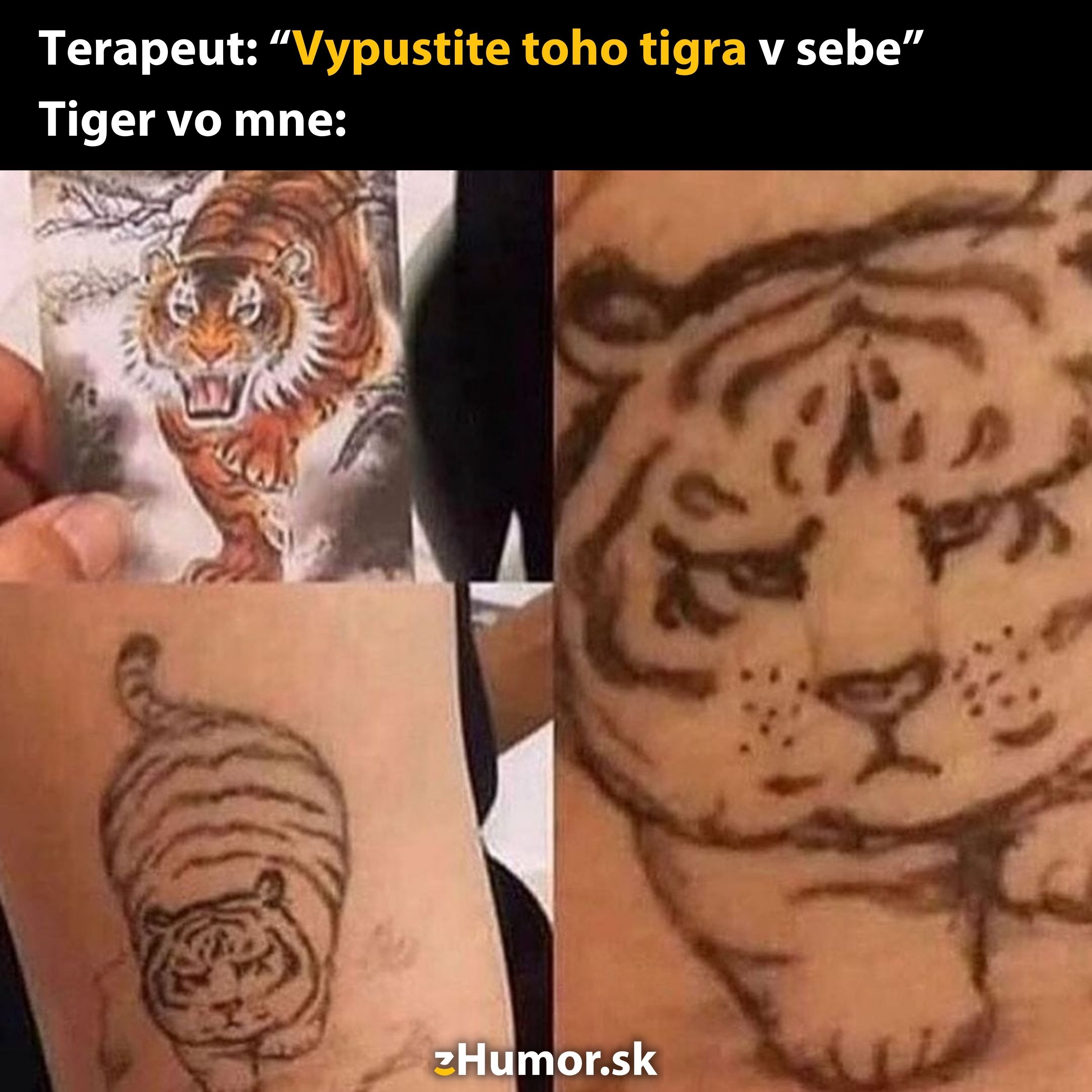 Tattoo: Porovnanie divokého tigra s vtipnou skicou na ruke, ktorá zobrazuje menej pôsobivú verziu.