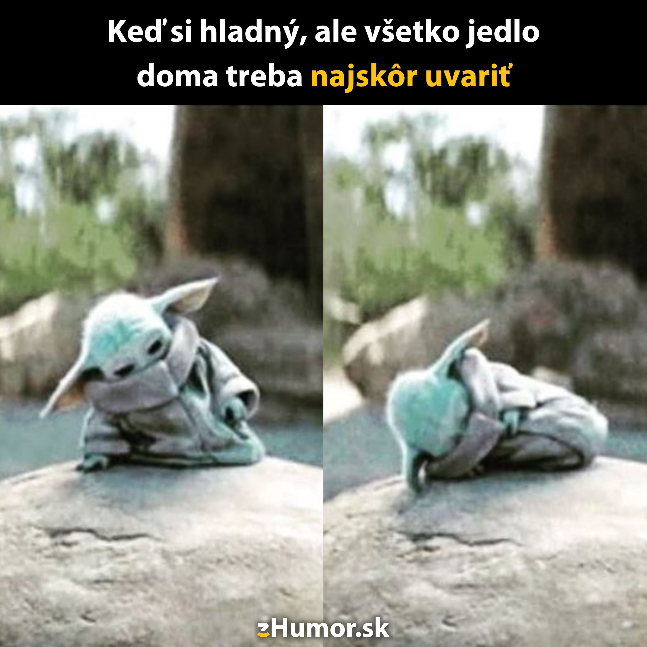 Malý zelený tvor smutne sedí na kameni, pretože treba variť, keď je hlad.
