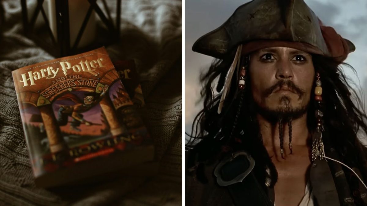 Kniha Harry Potter vedľa obrazu piráta. Magický svet stretáva dobrodružstvo na mori.