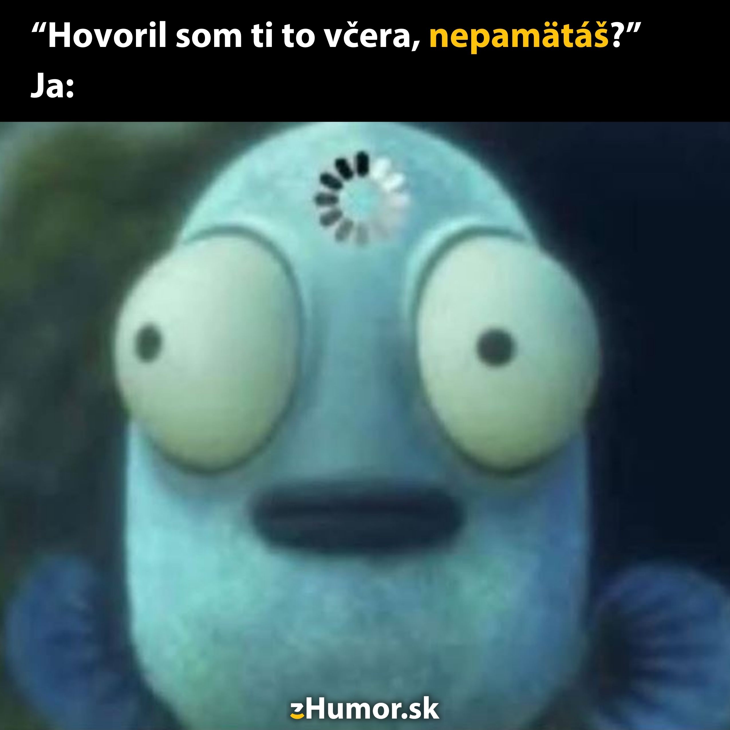 Zmätená ryba s načítacím symbolom, keď sa snaží spomenúť na rozhovor z predchádzajúceho dňa.