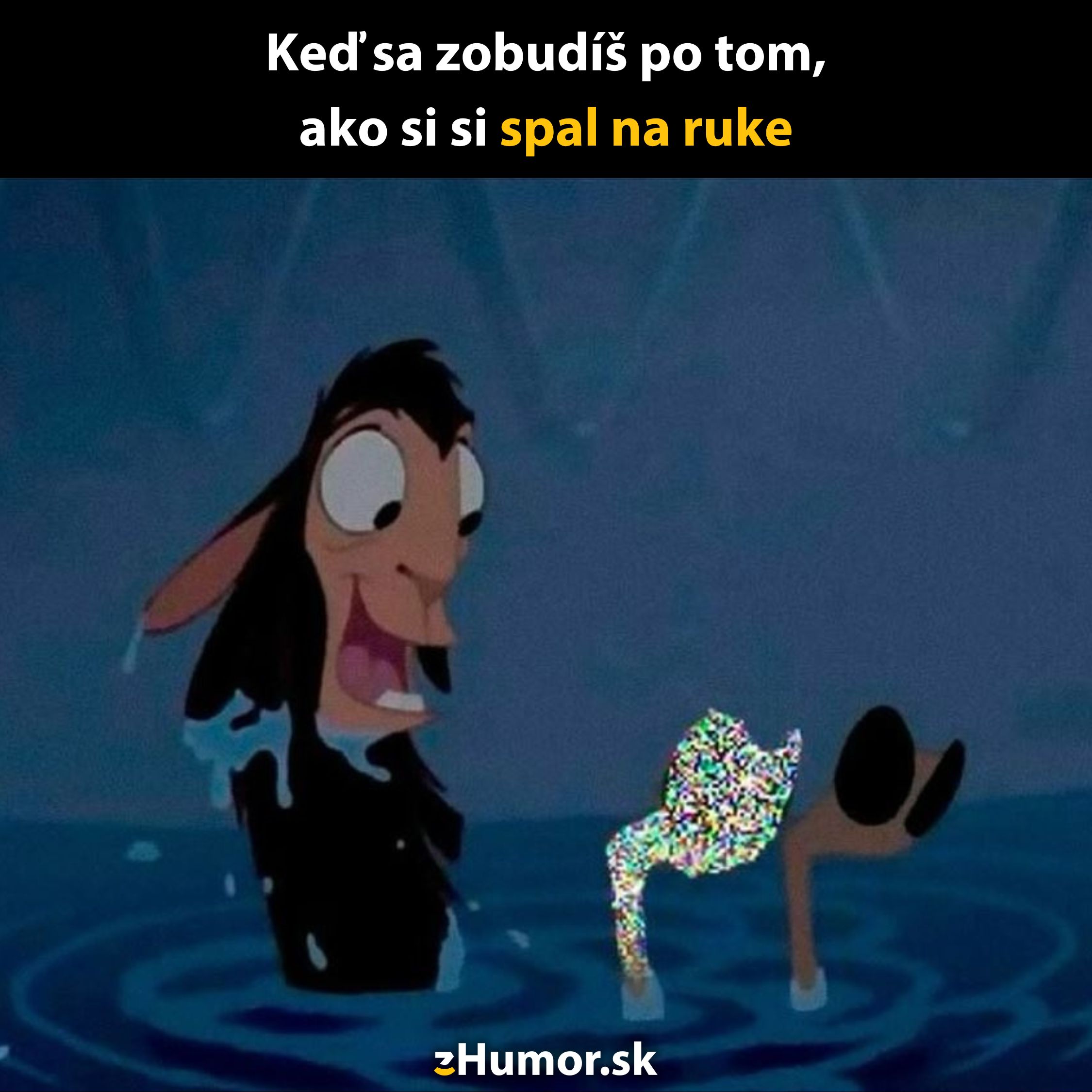 Zviera v kreslenej vode sa smeje situácii, kde druhé má necitlivú ruku kvôli spánku v nesprávnej polohe.