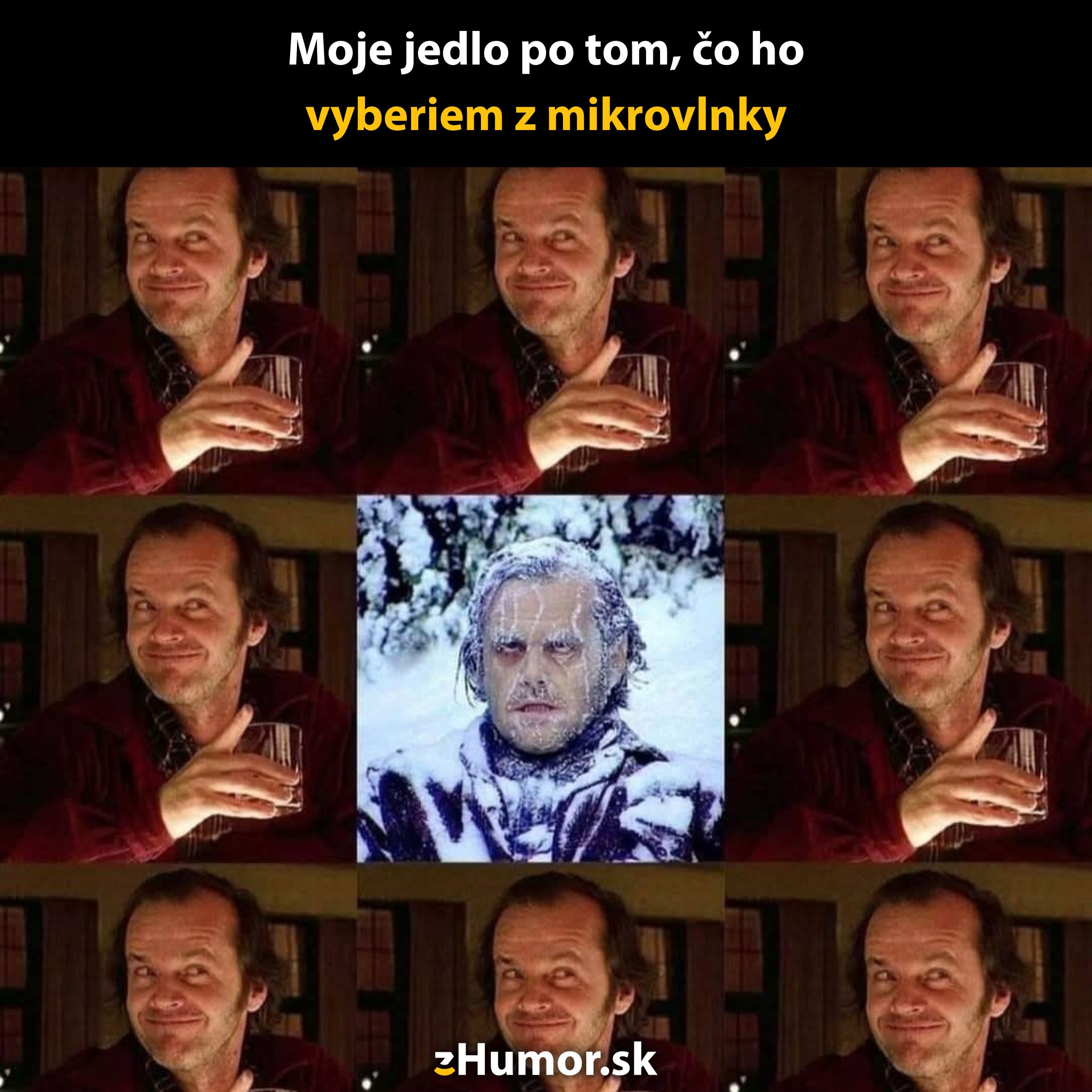 Muž s nápojom sa usmieva, potom zamrznutý vo snehu – parodický obrázok o mikrovlnných jedlách.