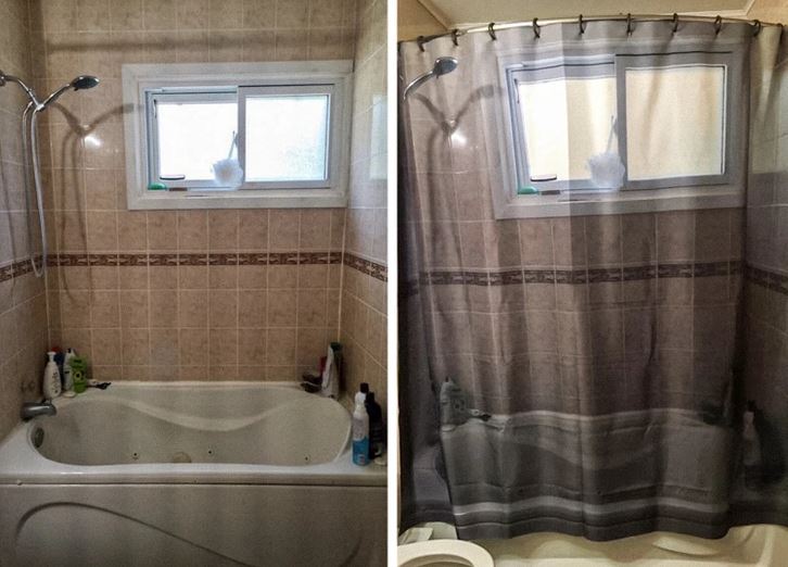 Kúpeľňa s vanou, kachličkami a sprchovým závesom. Pred a po pridaní tmavého závesu na pravom obrázku.