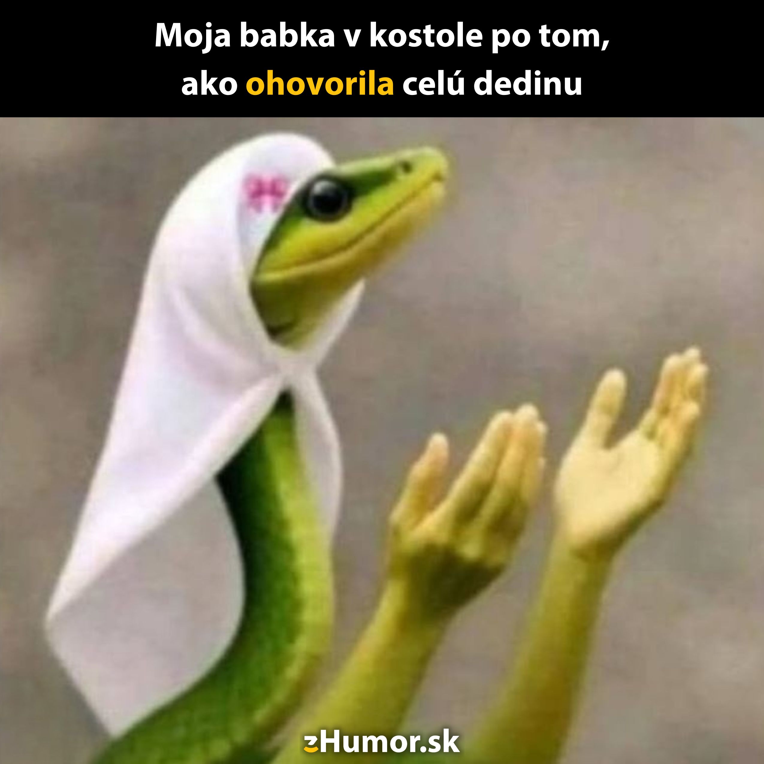 Zelený had s ľudskými rukami a bielou šatkou, zábavný obrázok na tému klebiet v kostole.