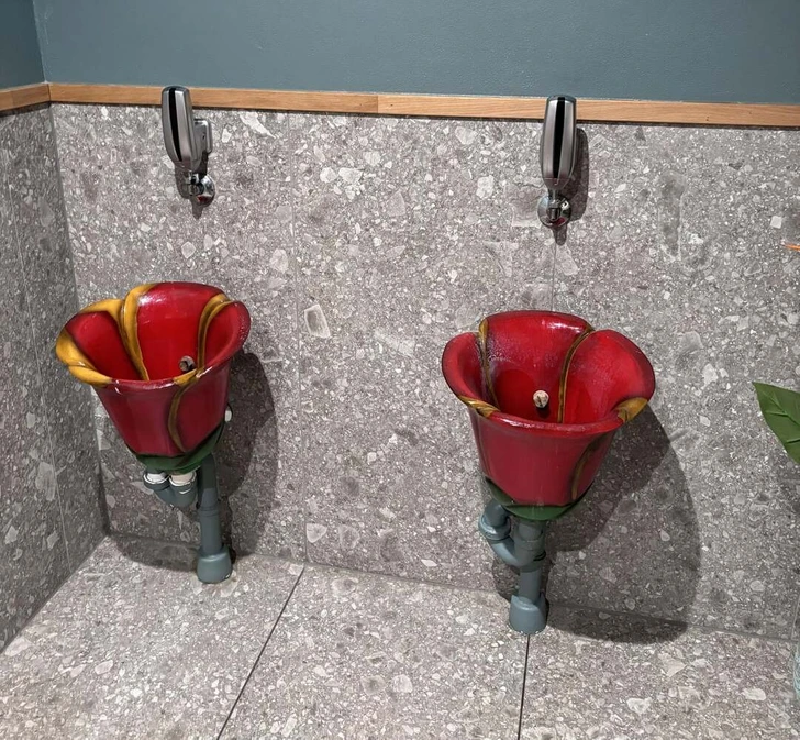 Moderné pisoáre v tvare kvetov na šedej dlažbe so stenovým obkladom a kovovými dávkovačmi mydla.