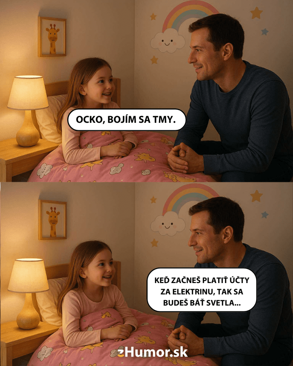 Otec a dcéra sa smejú pri posteli, vtip o účtoch za elektrinu.