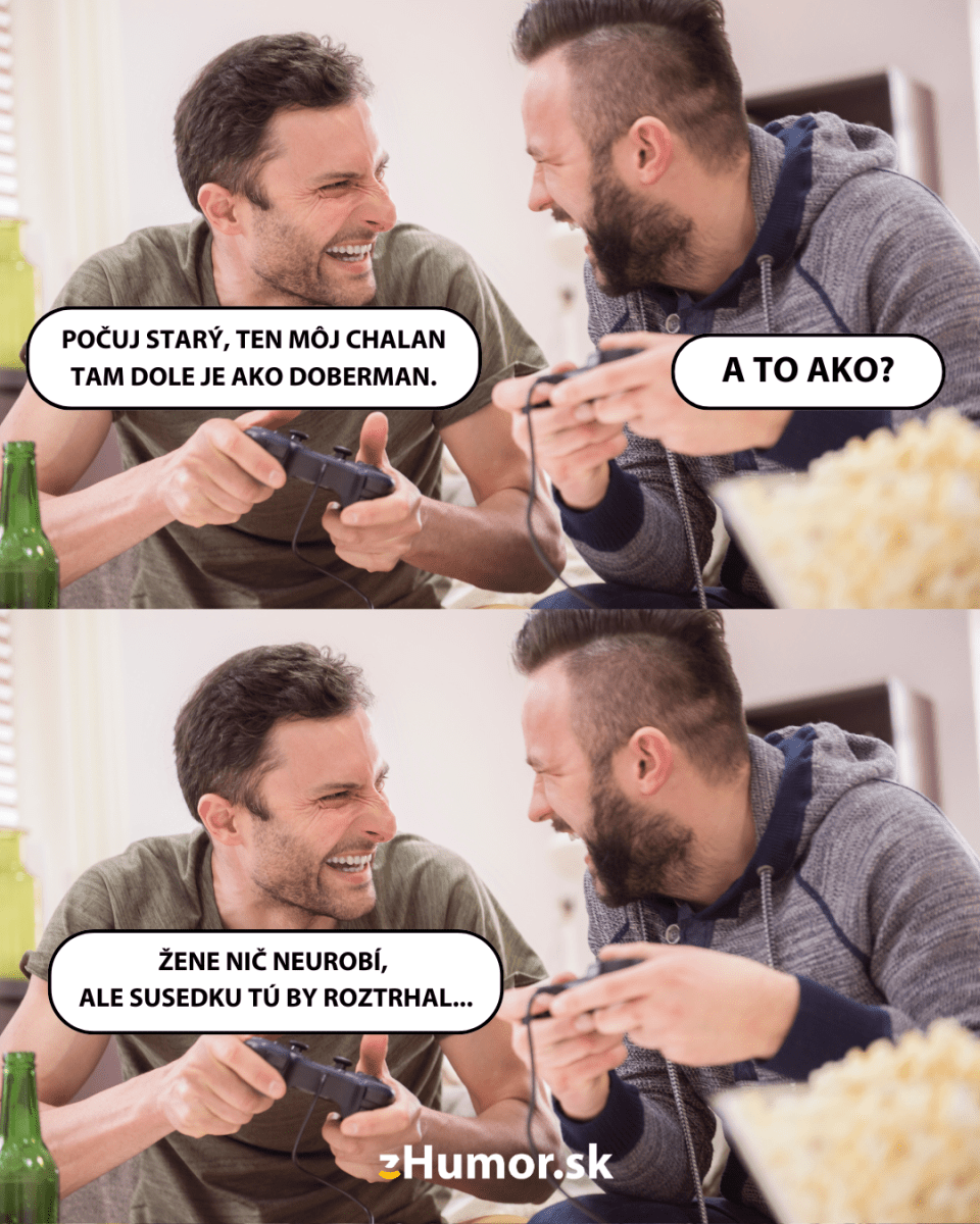 Dvaja muži sa smejú pri hraní videohier s dialógom o dobermanovi.