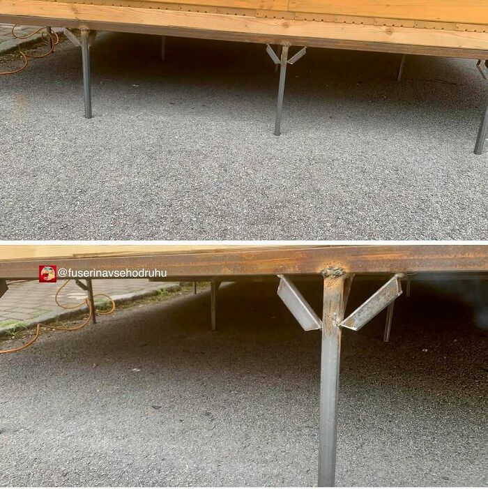 Podpery stola na vonkajšej terase zvarené z oceľových rúrok na betónovom podklade.