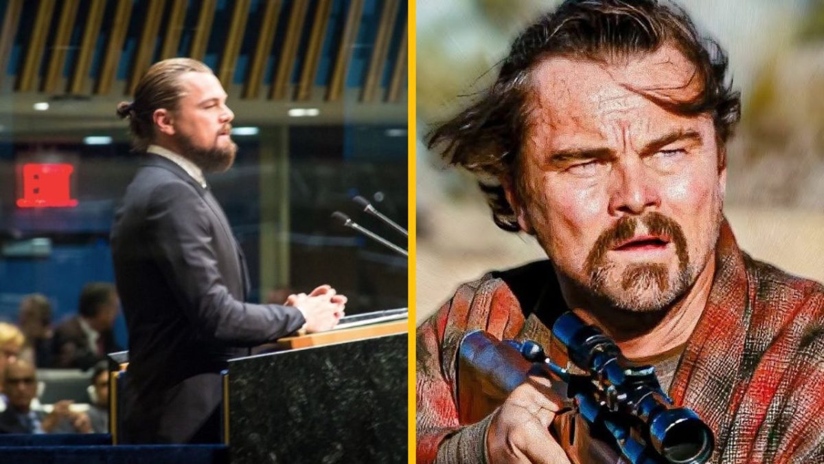 Osoba pri rečníckom pulte v obleku, vpravo rovnaká osoba s puškou v exteriéri.