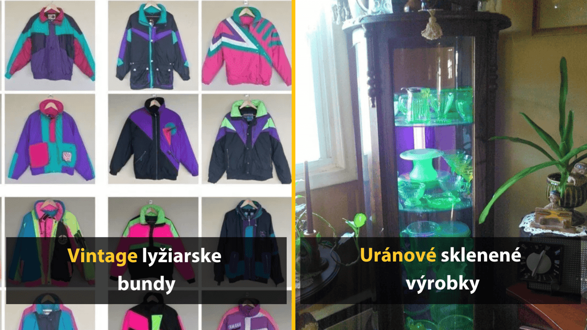 Vintage lyžiarske bundy v retro štýloch a uránové sklenené výrobky v skrini.