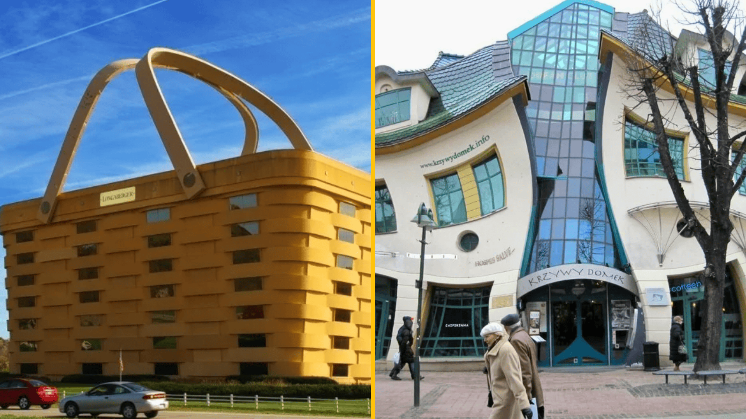 Neobyčajné budovy: Dom v tvare koša a Krivý dom v Sopote, architektonické zázraky pútajúce pozornosť turistov.