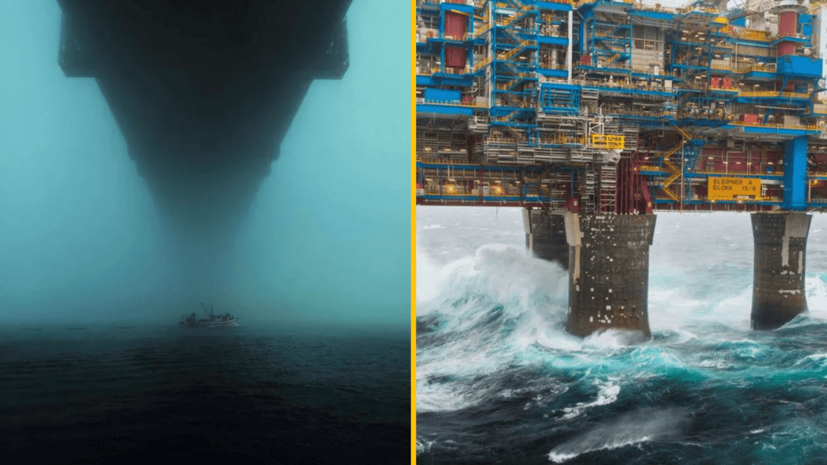 Ropná plošina na oceáne: pohľad zospodu vo vode a detail z boku so silnými vlnami.