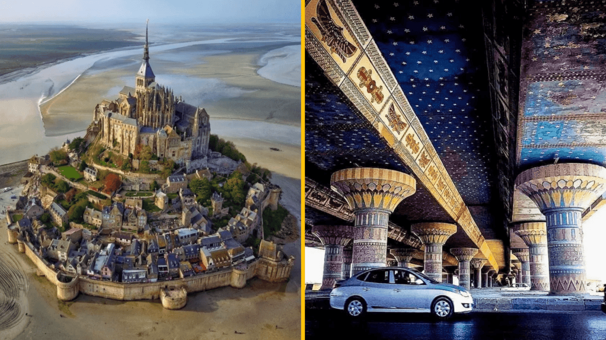 Ľavá strana: stredoveký ostrovný kláštor; Pravá strana: farebné stĺpy pod mostom v rušnom meste.