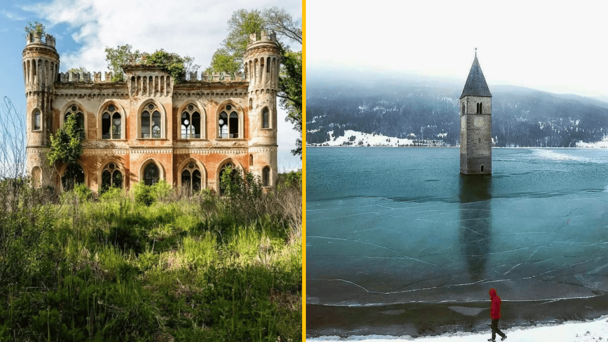 Opustený zámok zarastený vegetáciou; zvonica vystupujúca z ľadového jazera, chodec v červenej bunde.