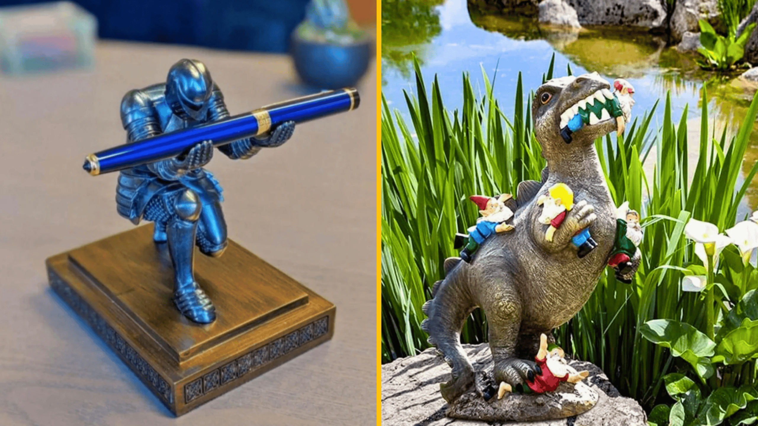 Rytier držiaci pero a soška dinosaura so škriatkami, zábavné dekorácie na stole a v záhrade.