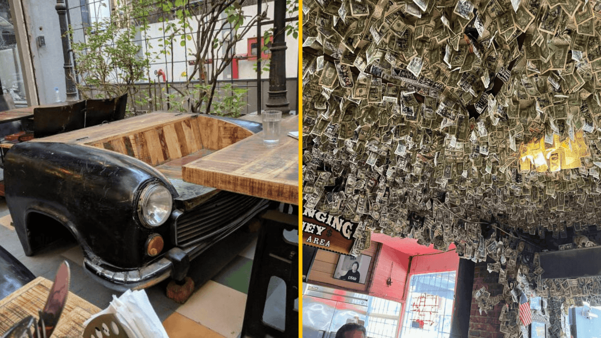 Retro auto stôl a strop pokrytý dolárovými bankovkami v tematickej reštaurácii.